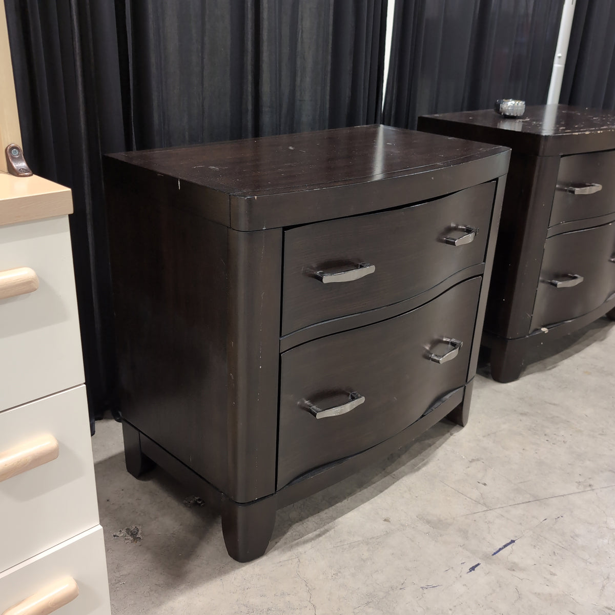 Dark Wood Two-Drawer Nightstand with Curved Front