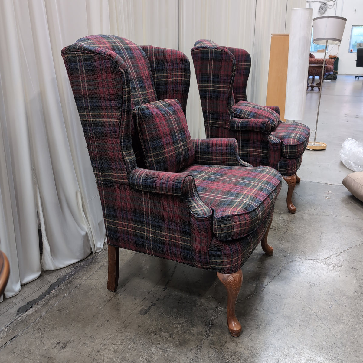 Traditional Red Plaid Wingback Chair with Carved Legs