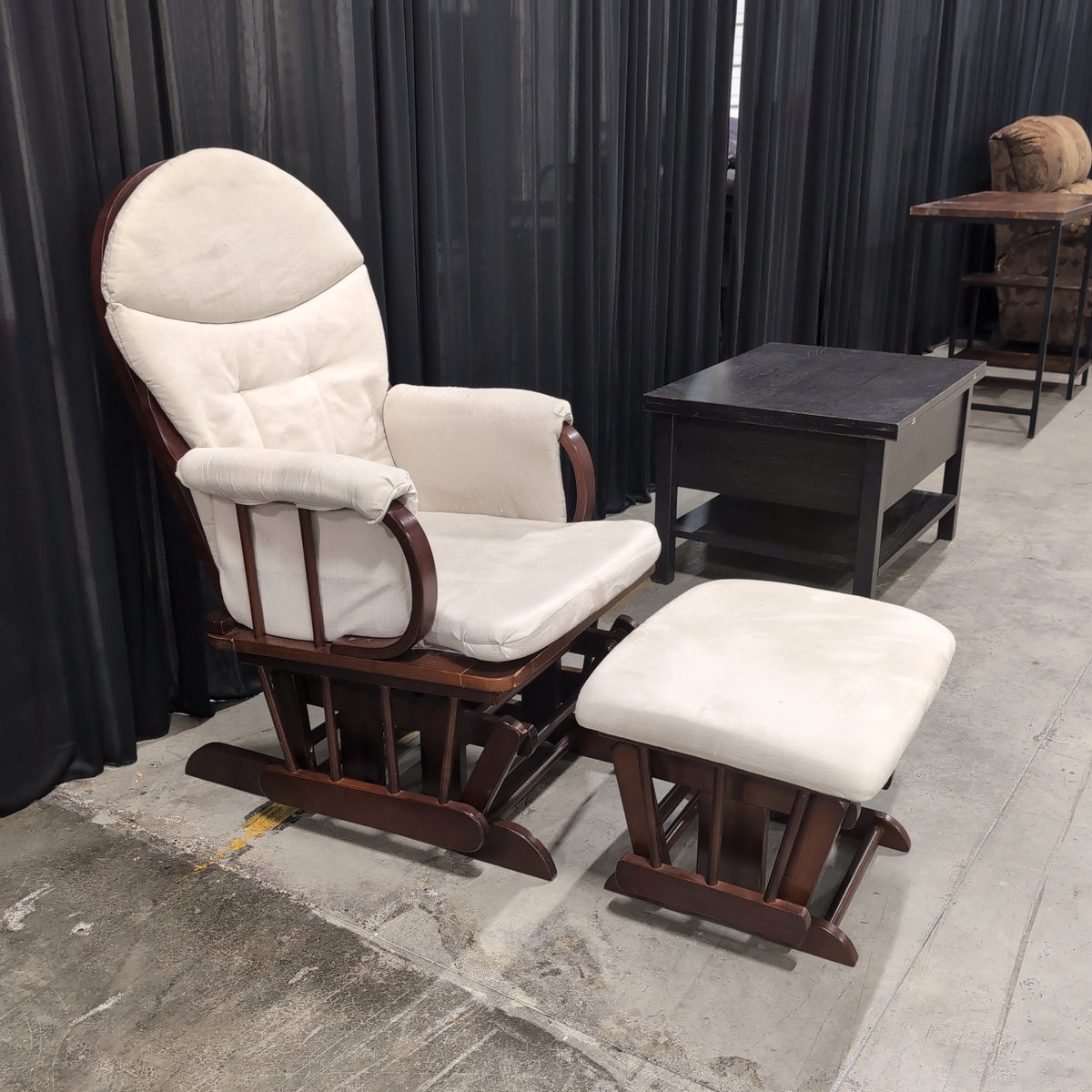 Cream Upholstered Wood Glider Chair with Ottoman