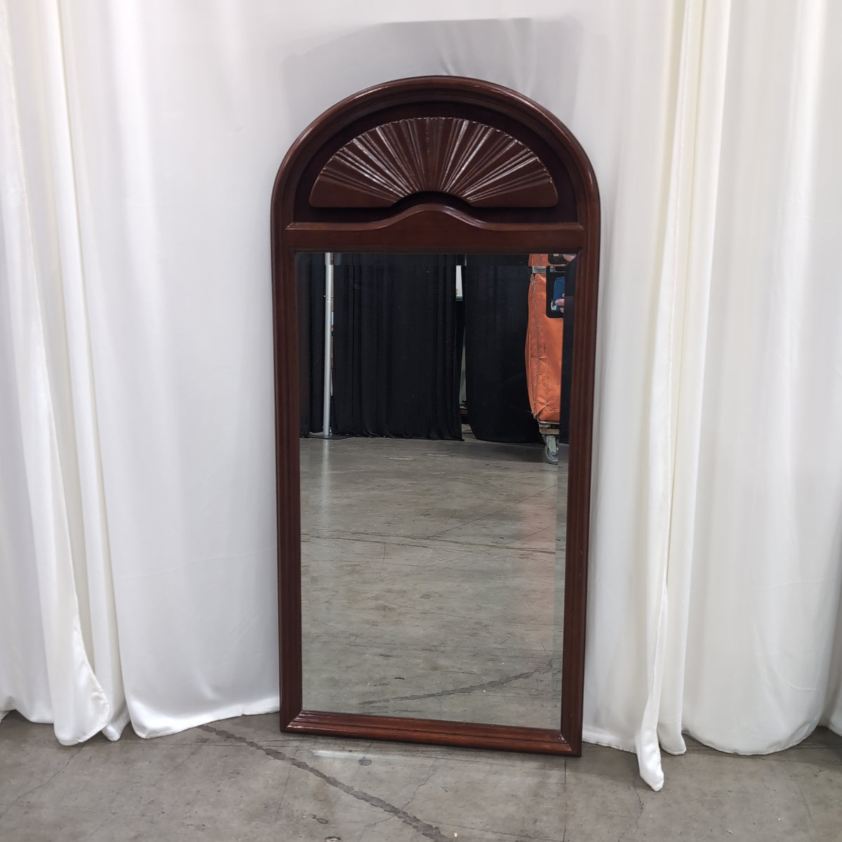 Dark Wood Arched Full-Length Mirror with Fan Carving