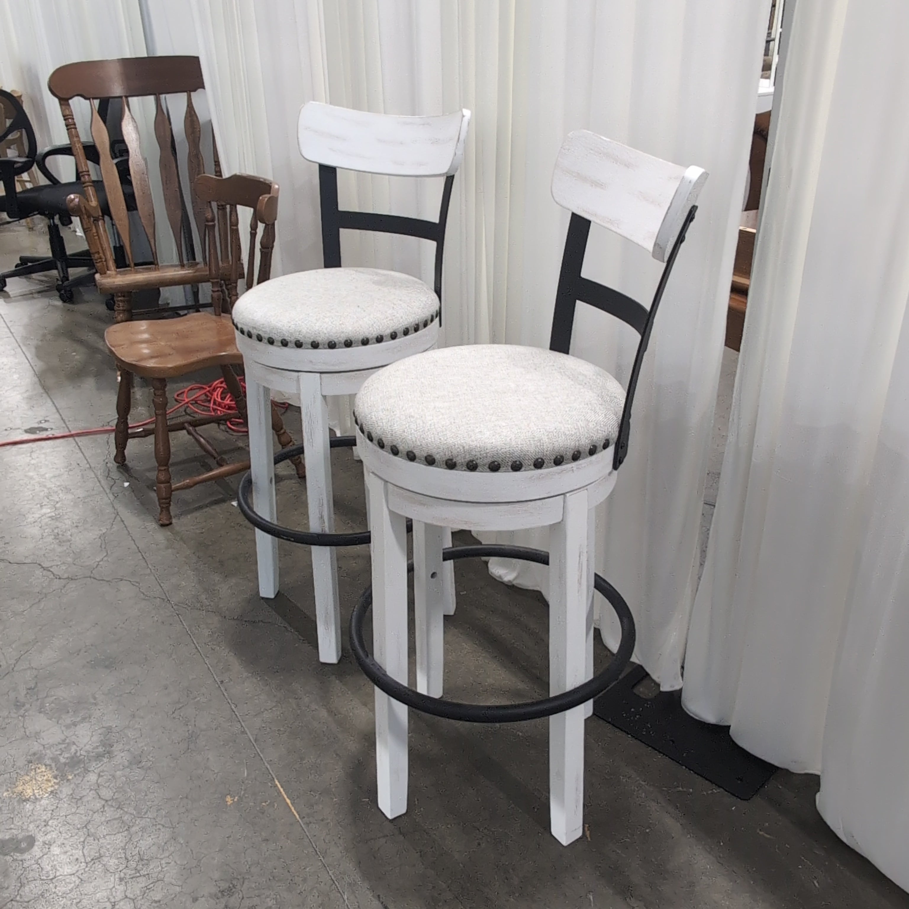 Distressed White Wood Backrest Bar Stool with Upholstered Seat
