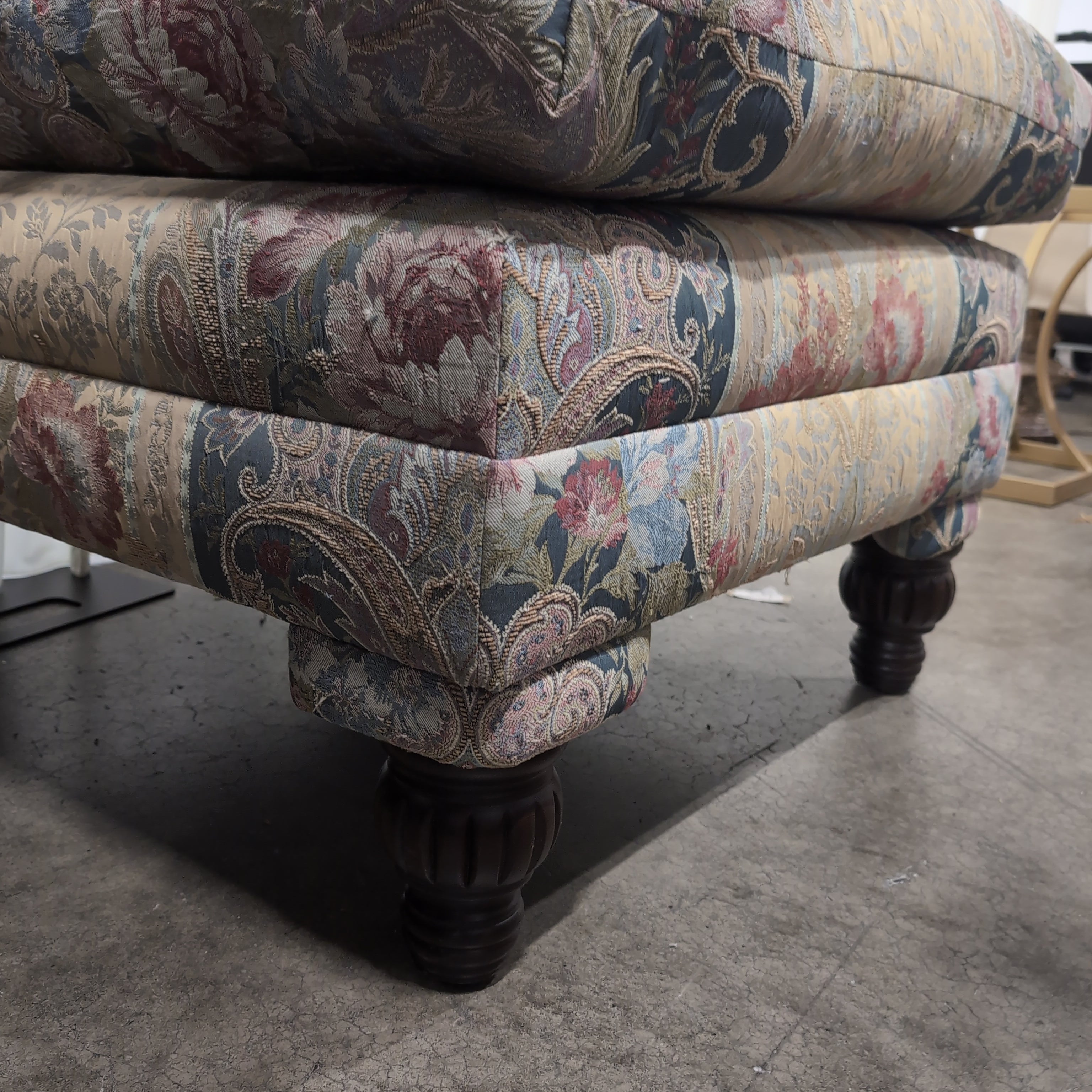 Multi-Color Floral Paisley Upholstered Ottoman with Turned Wood Feet