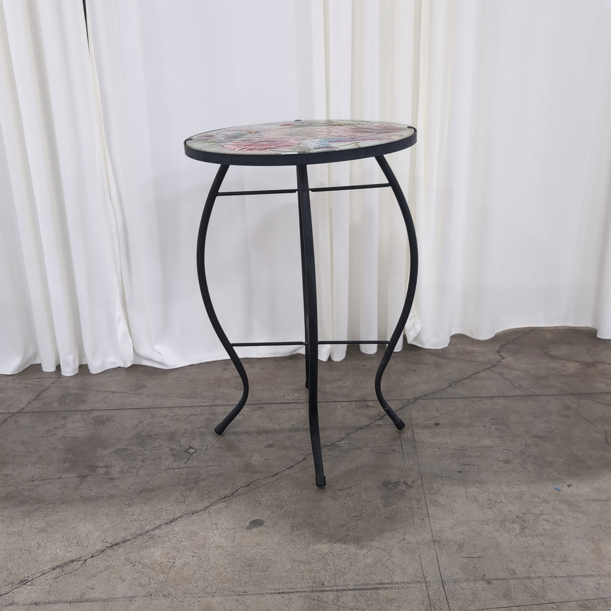 Round Glass Top End Table with Floral and Bird Design