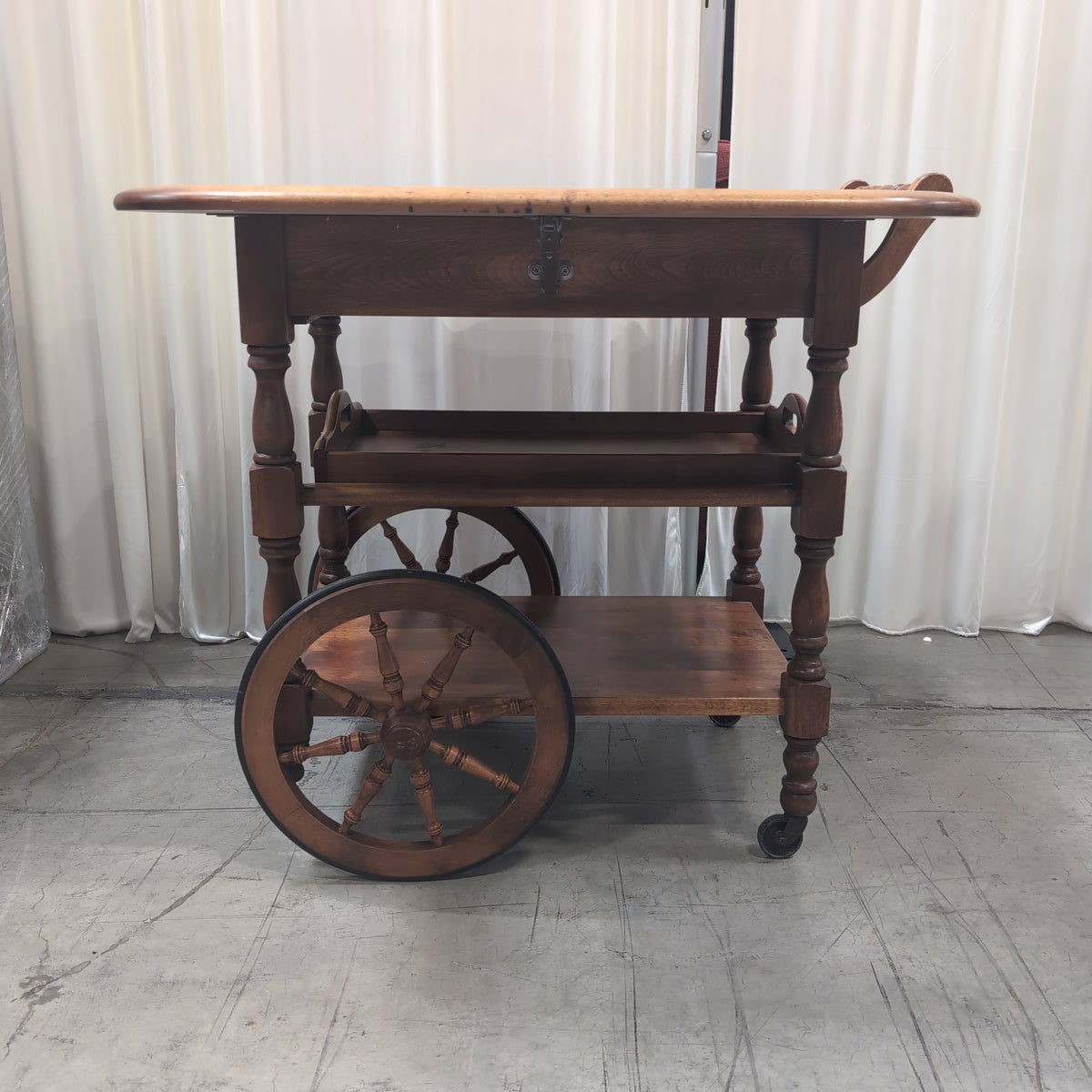 Medium Brown Wood Drop Leaf Rolling Tea Cart