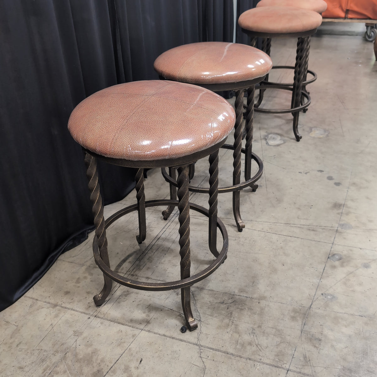 Pair of Rustic Tan Faux Leather Bar Stool with Twisted Metal Legs