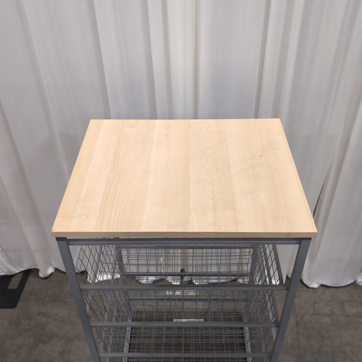 Light Wood Top Nightstand with Two Wire Baskets