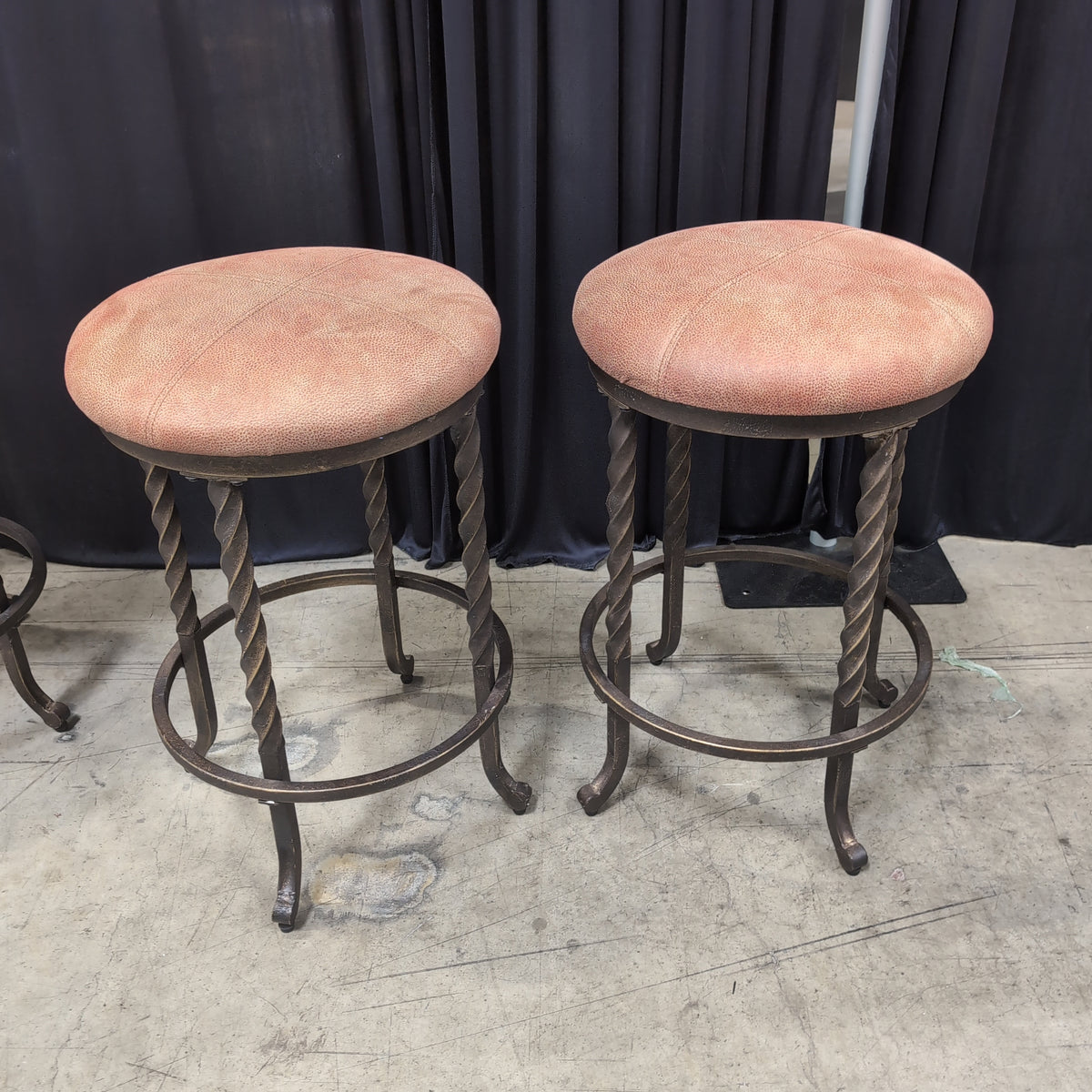 Pair of Twisted Wrought Iron Bar Stools with Upholstered Seats