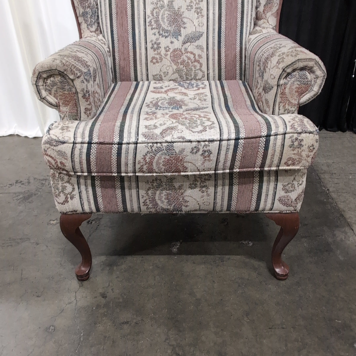 Cream Floral Striped Upholstered Wingback Armchair