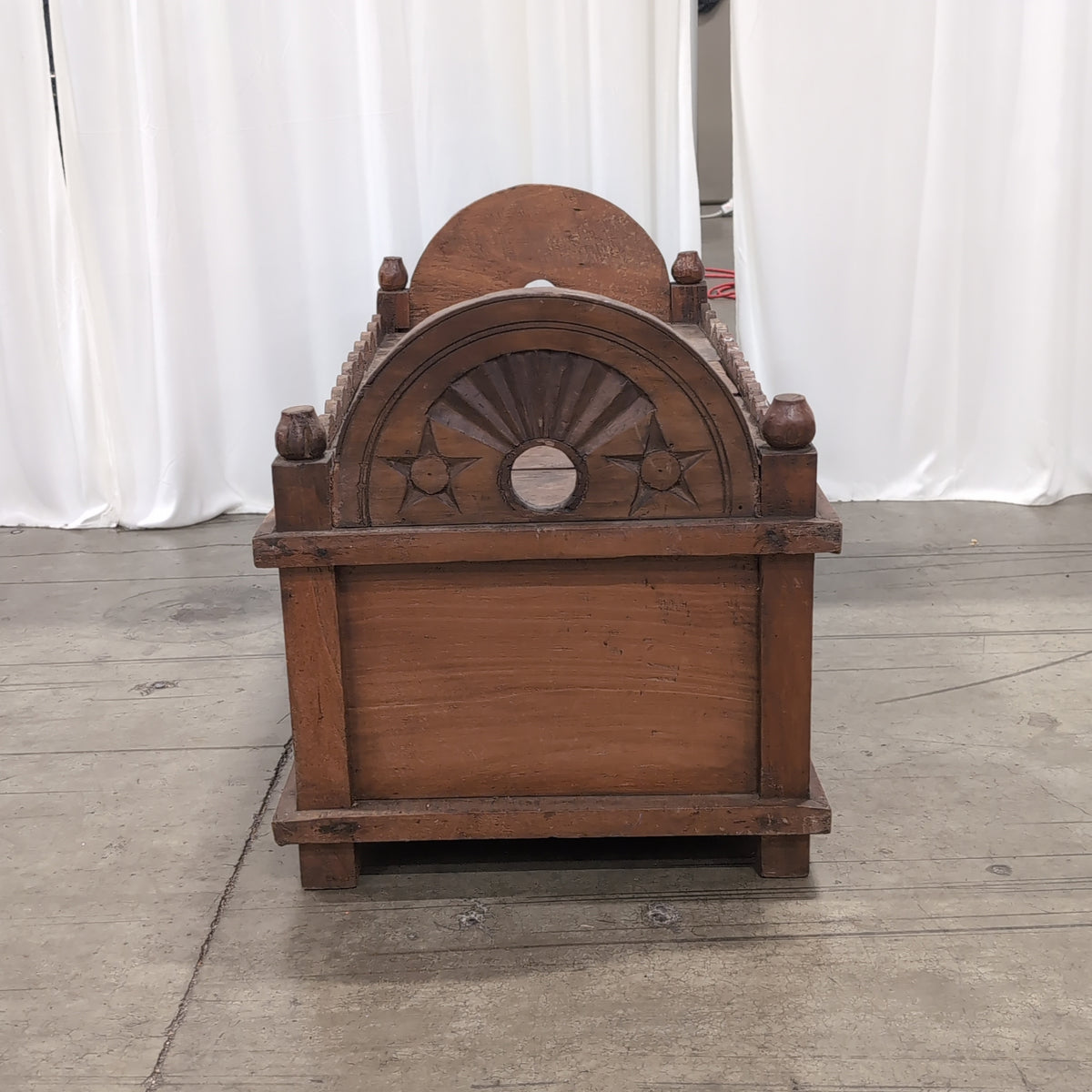 Rustic Carved Wood End Table with Sunburst Top