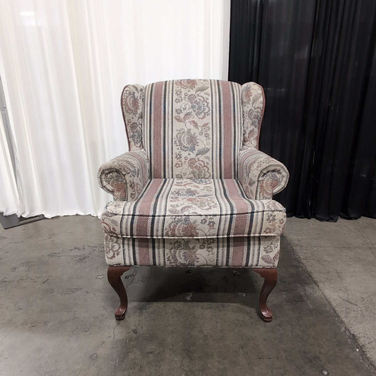 Cream Floral Striped Upholstered Wingback Armchair