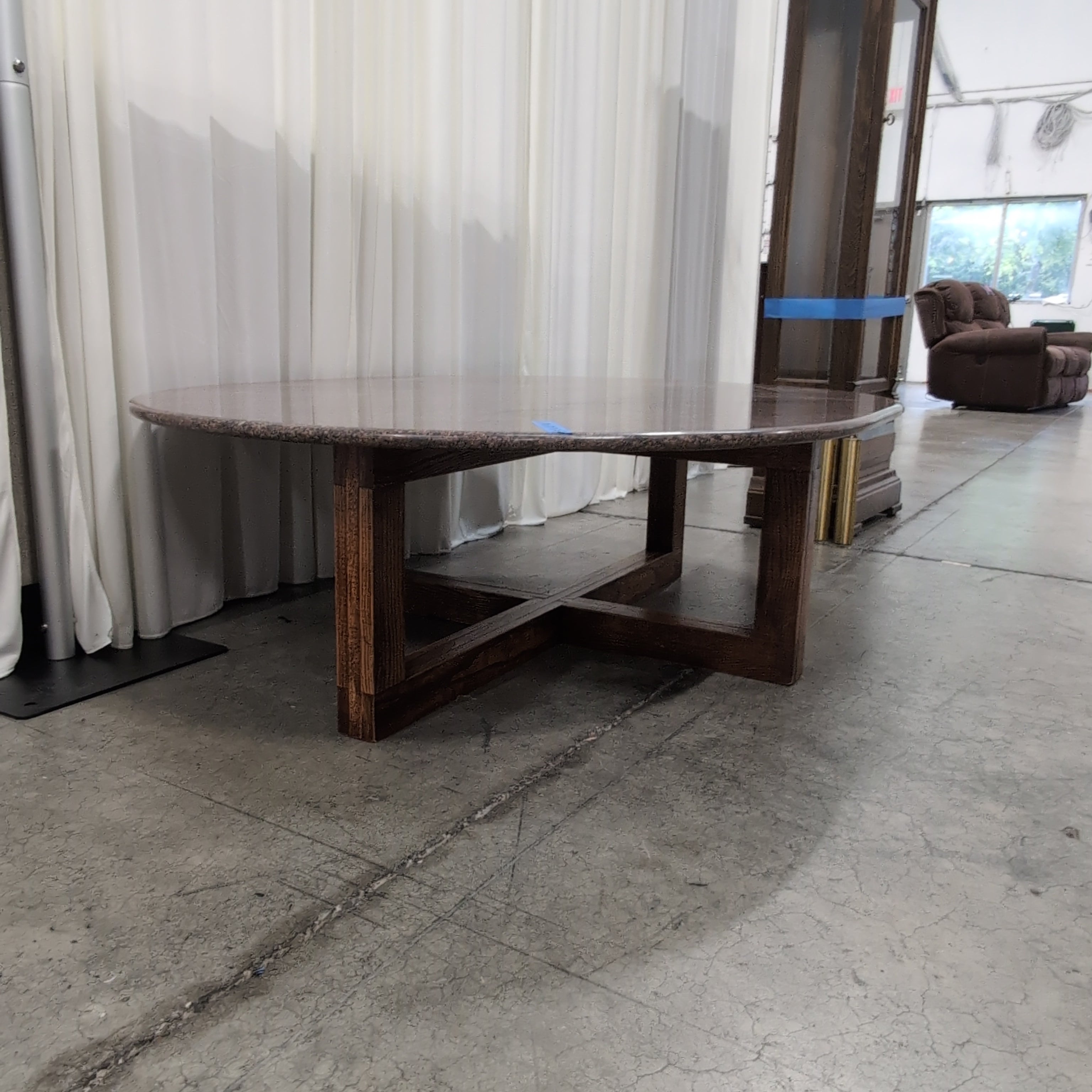 Round Light Granite Dining Table with Scrolled Iron Base