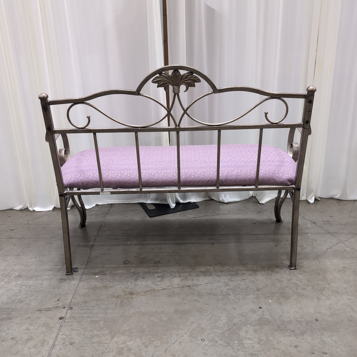Ornate Champagne Metal Bench with Purple Upholstery