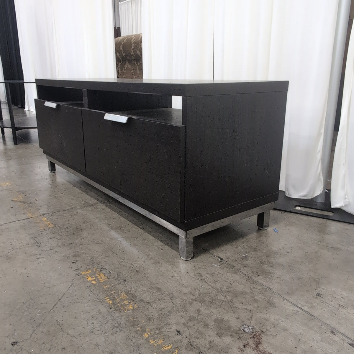 Dark Brown Wood TV Stand with Silver Hardware