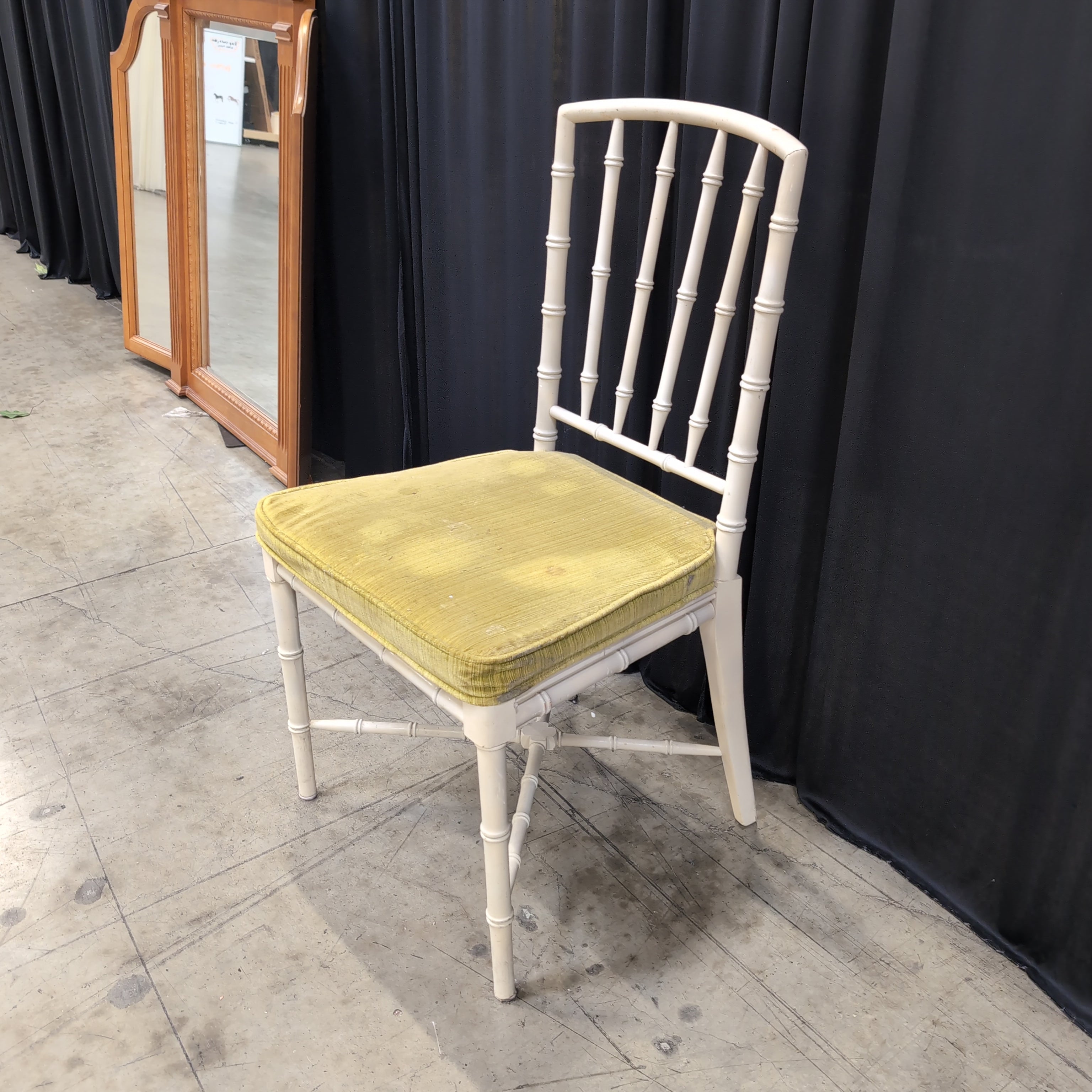 Cream Faux Bamboo Dining Chair with Green Cushion