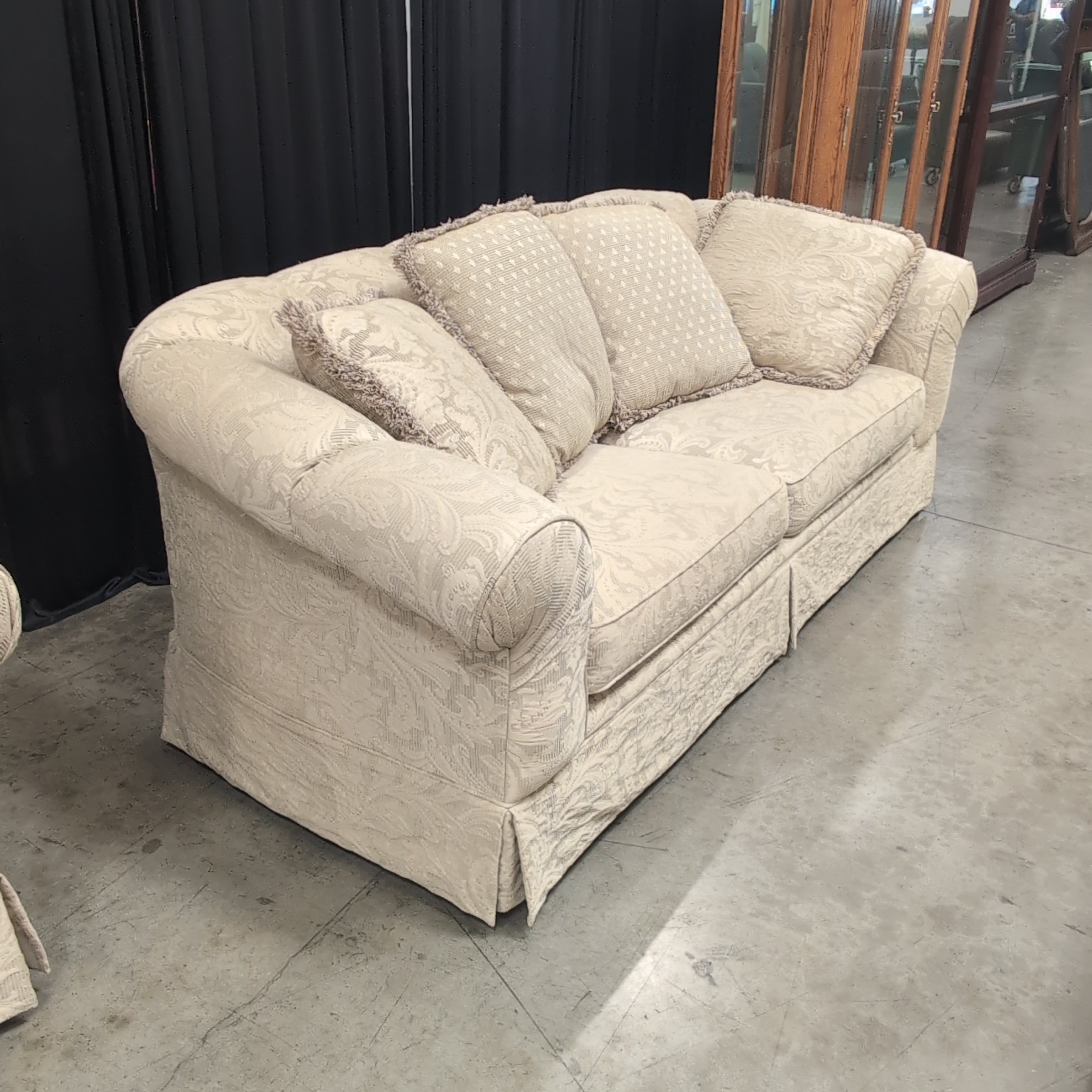Traditional Beige Patterned Couch with Rolled Arms