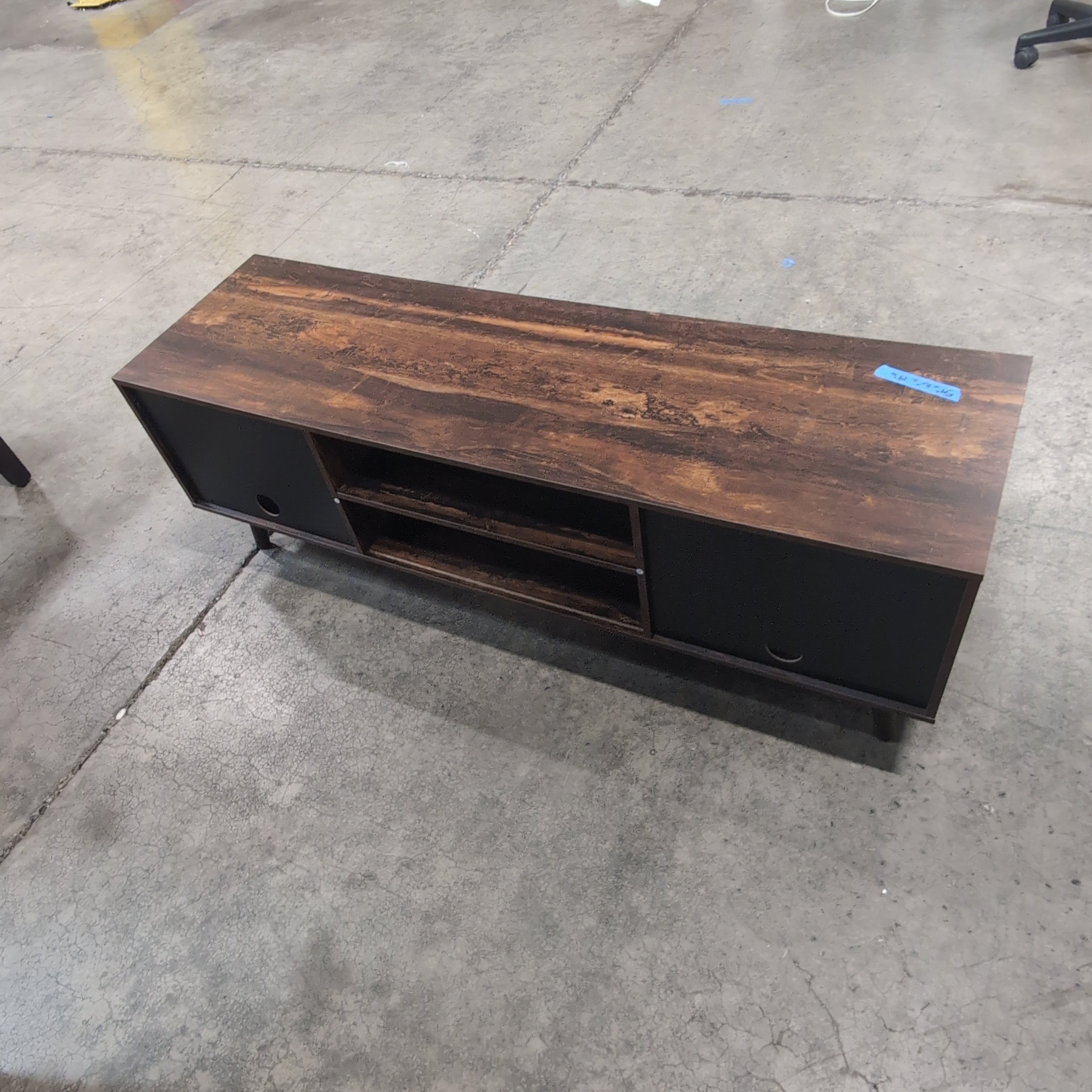 Distressed Dark Wood Multi-Shelf TV Stand with Tapered Legs