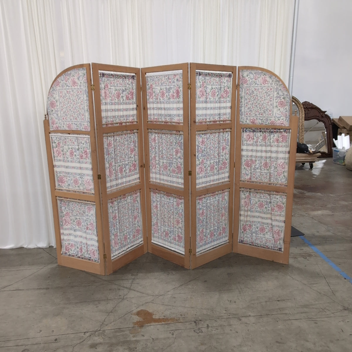 Three-Panel Wood Screen with Floral Fabric