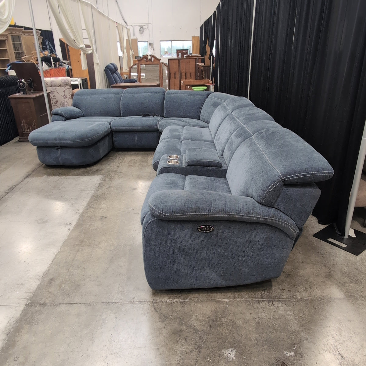 Slate Blue Fabric Reclining Sectional Couch with Cupholders