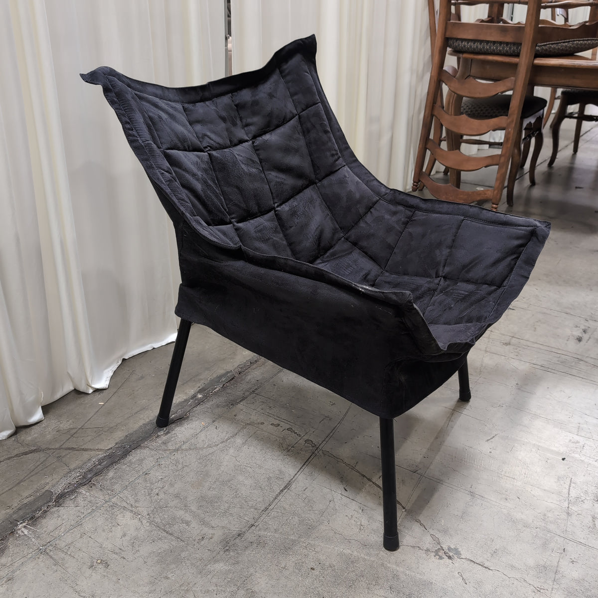 Black Quilted Fabric Lounge Chair with Metal Frame