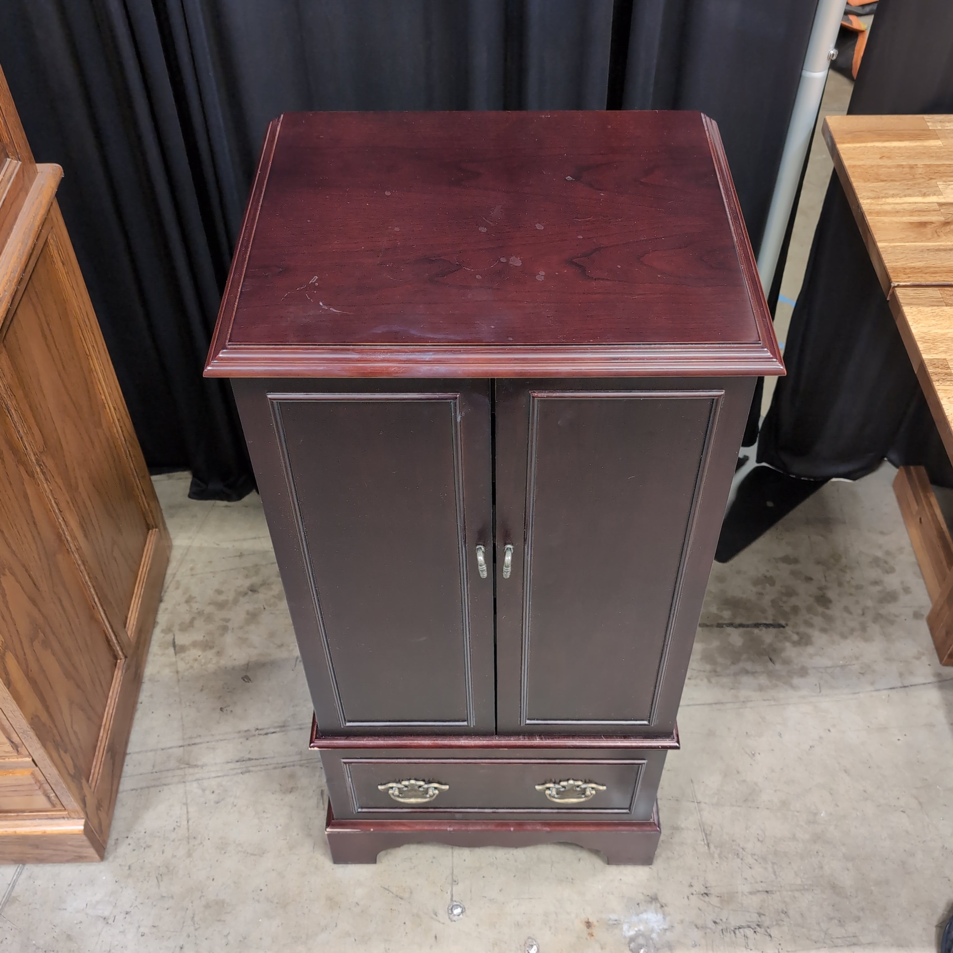 Dark Cherry Finish Wood Jewelry Armoire with Ornate Hardware