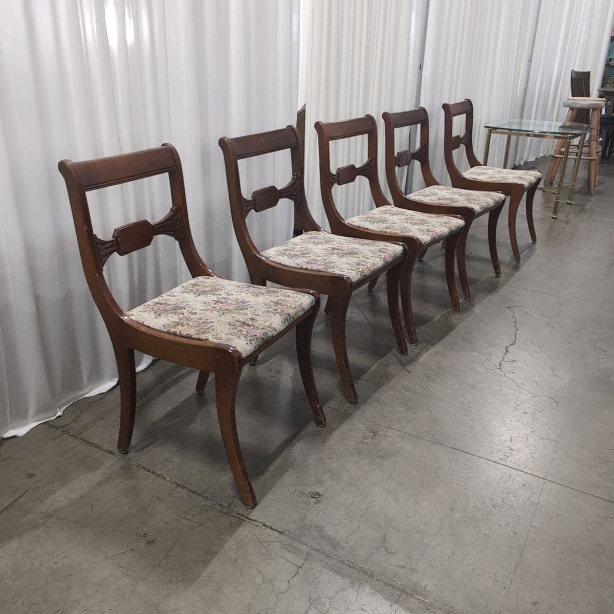 Set of Five Drexel Traditional Dark Wood Dining Chair with Floral Seat