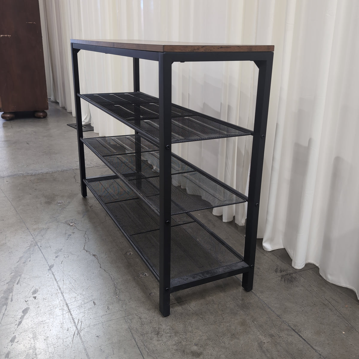 Industrial Brown Wood-Look Console Table with Mesh Shelves