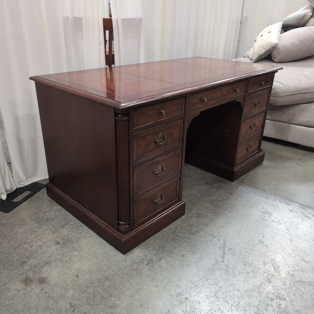Traditional Mahogany Burl Top Executive Desk