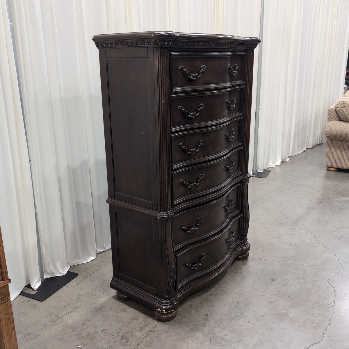 Traditional Dark Wood Tall Six-Drawer Dresser with Ornate Hardware
