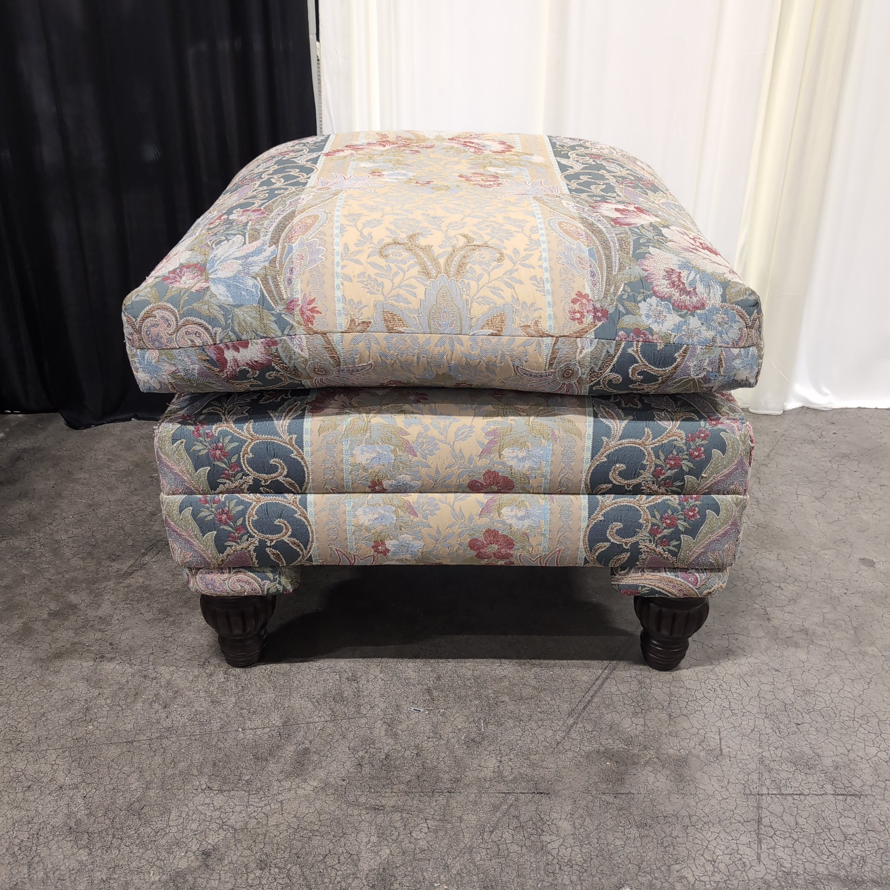 Multi-Color Floral Paisley Upholstered Ottoman with Turned Wood Feet