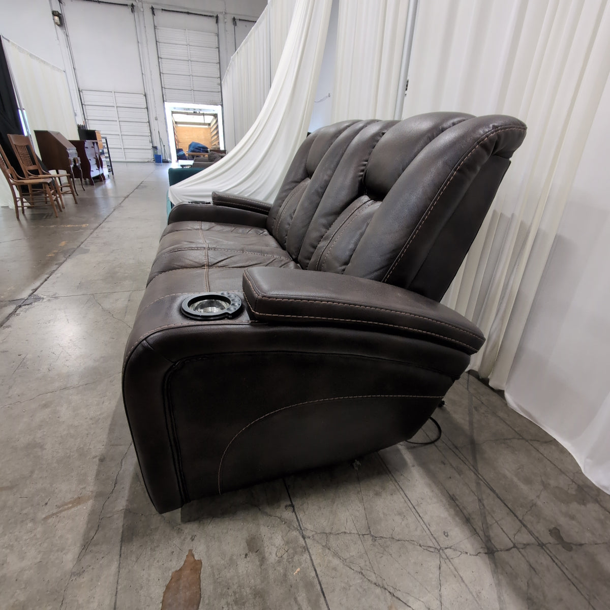 Man Wah Furniture-Modern Brown Faux Leather Reclining Loveseat with LED Cupholders