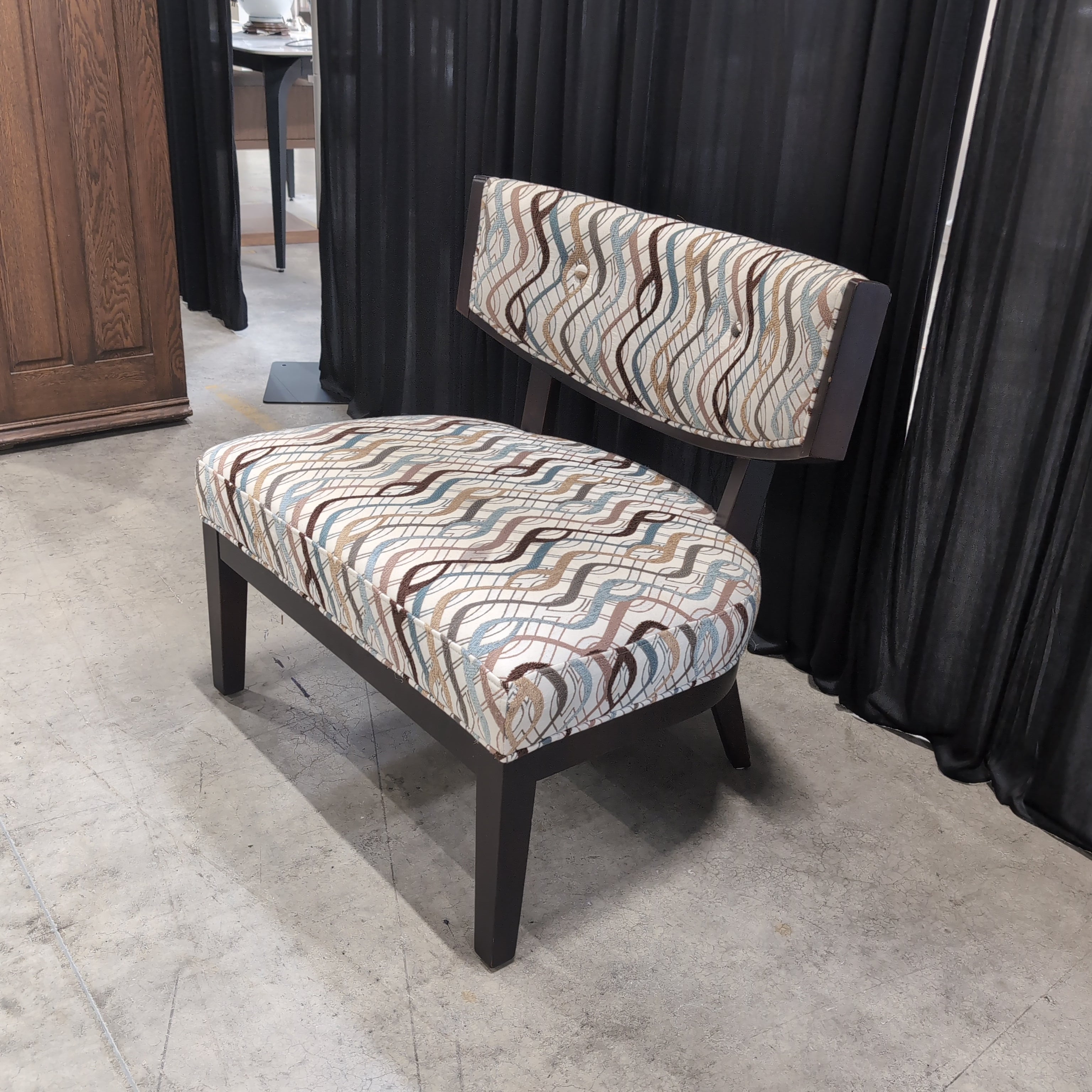Dark Wood Accent Chair with Patterned Upholstery
