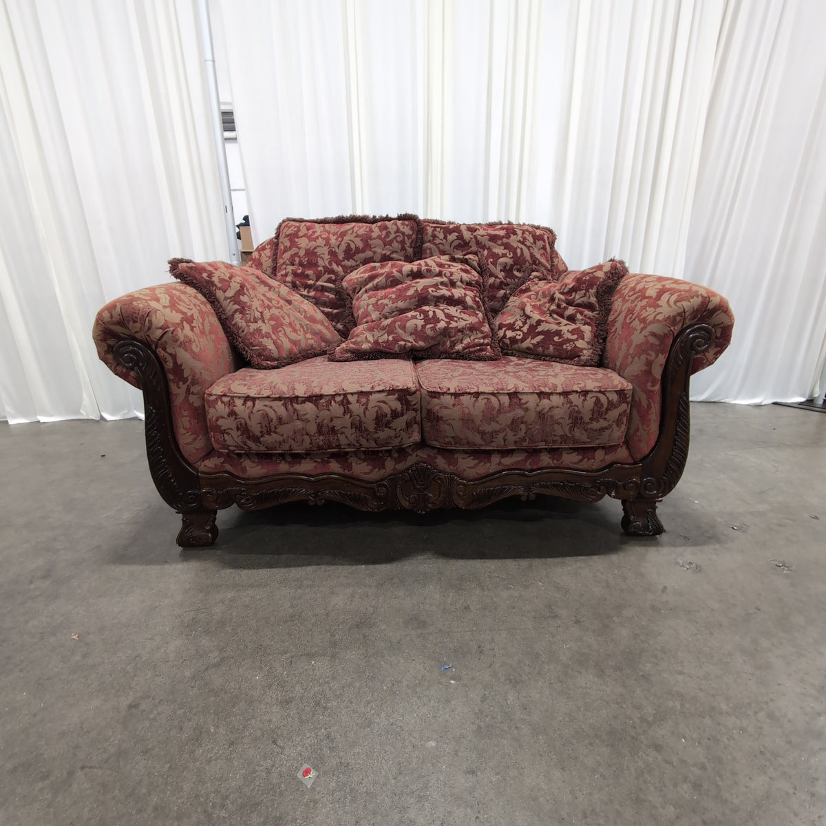 Ornate Red and Gold Damask Loveseat with Carved Wood