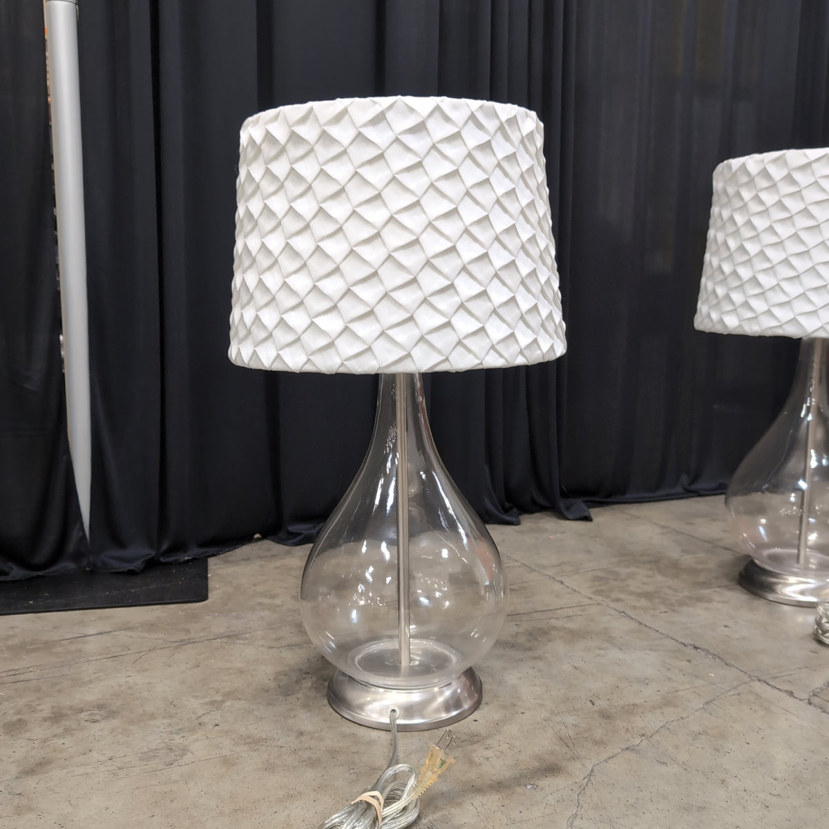 Clear Glass Base Table Lamp with White Quilted Shade