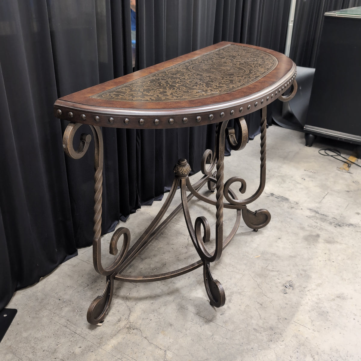 Demilune Dark Wood Console Table with Ornate Metal Base