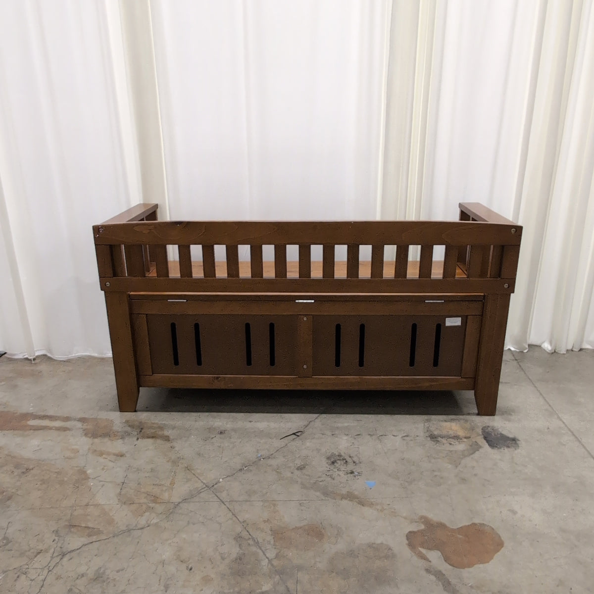 Medium Brown Wood Storage Bench with Slatted Back