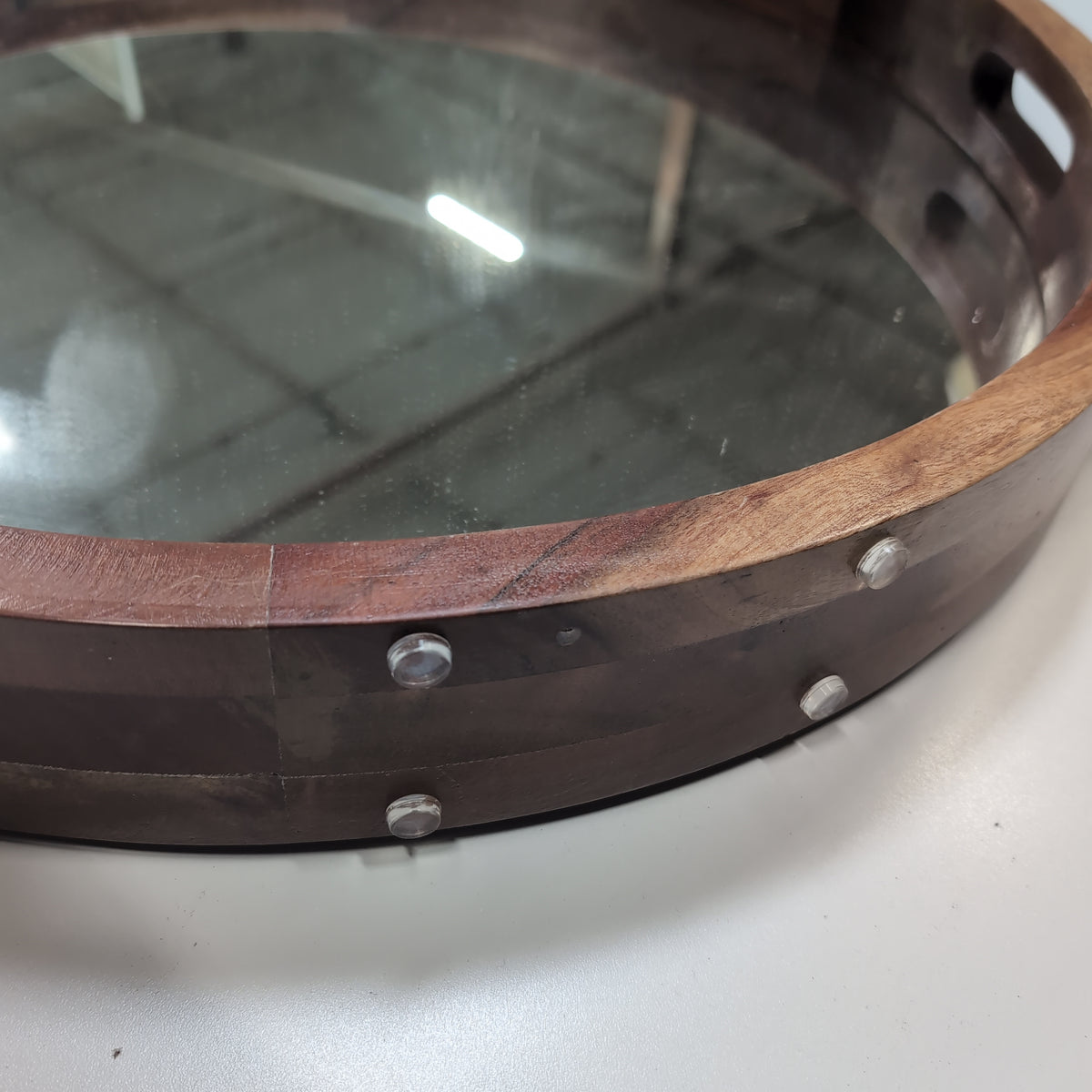 Oval Segmented Wood Mirror with Handle Slots