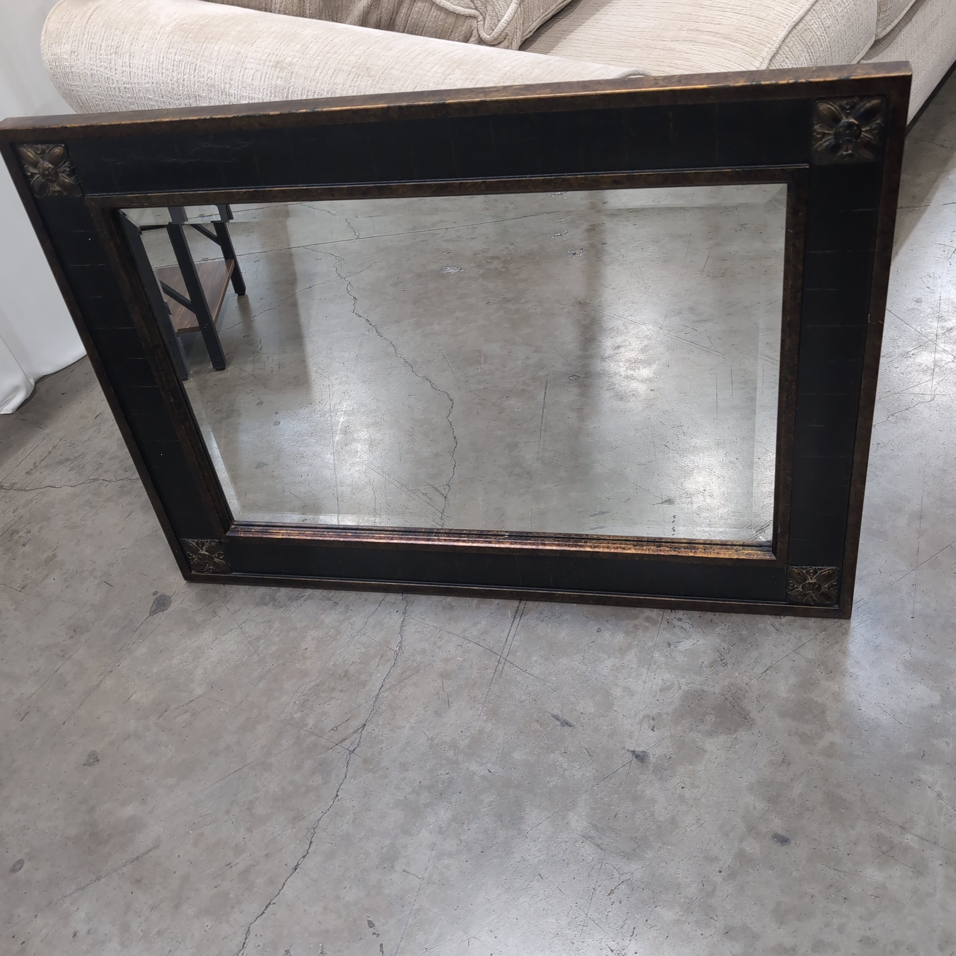 Rectangular Dark Brown Ornate Wall Mirror with Bronze Accents