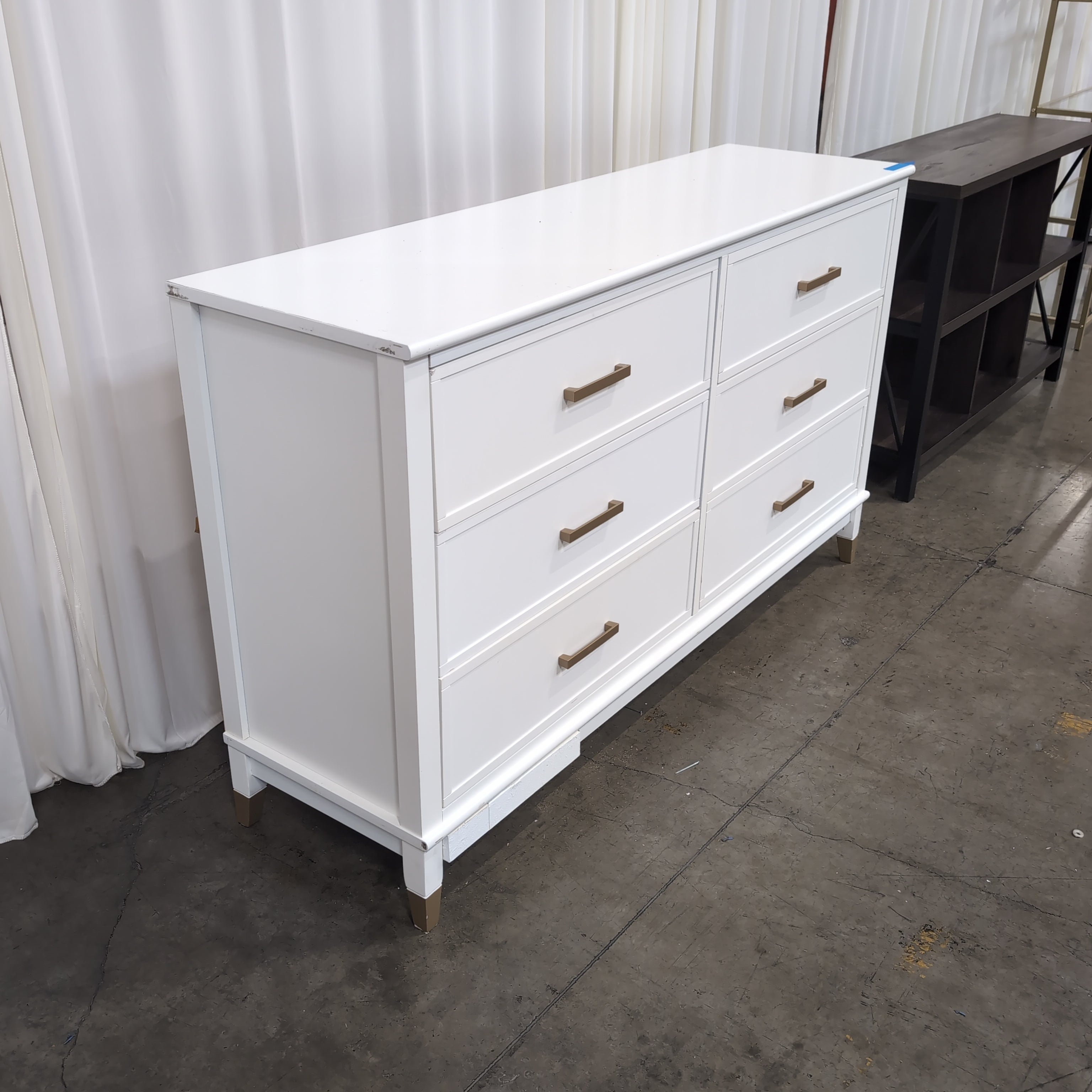 White Six-Drawer Wood Dresser with Gold Hardware