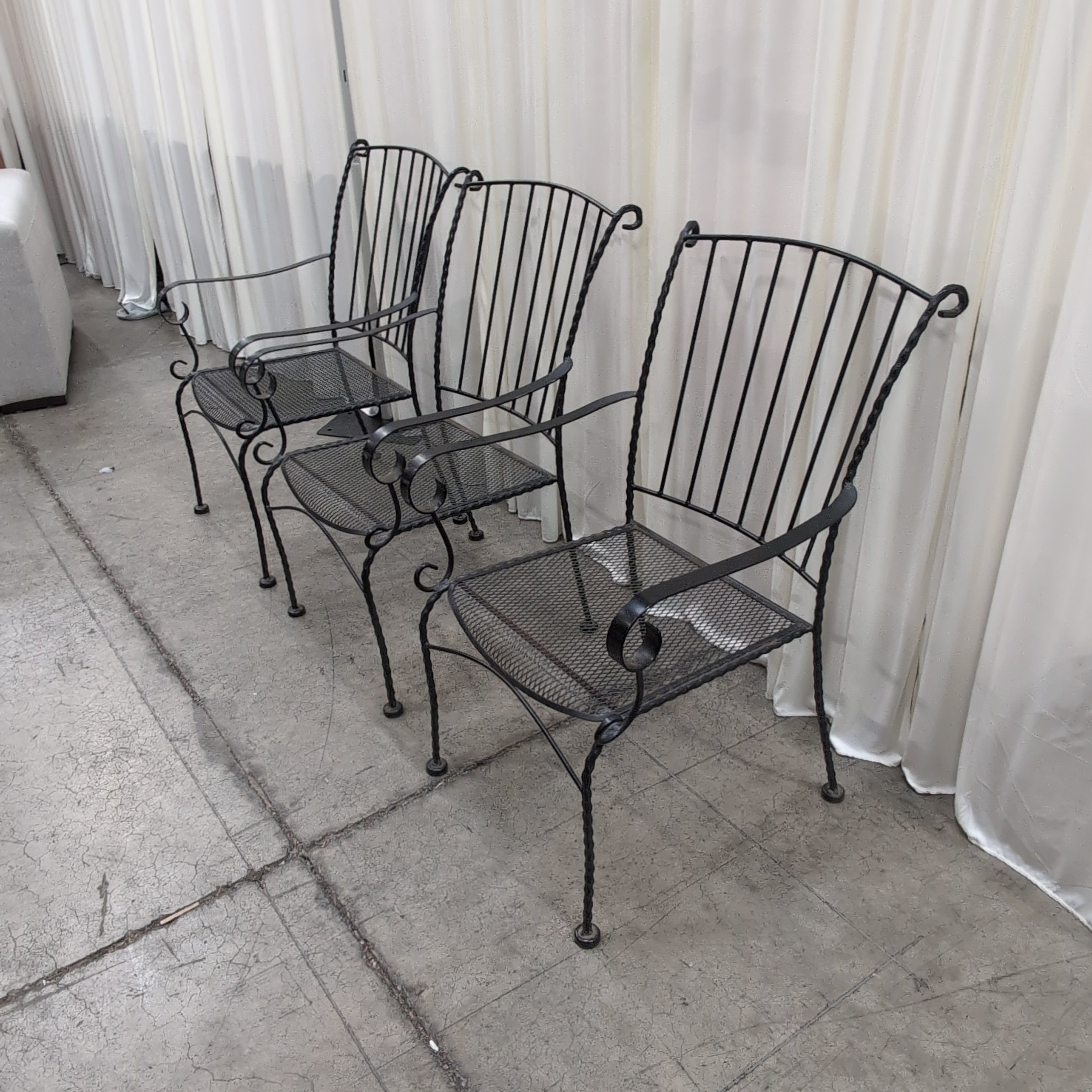Set of Three Black Scrolled Metal Outdoor Chairs with Gray Cushions
