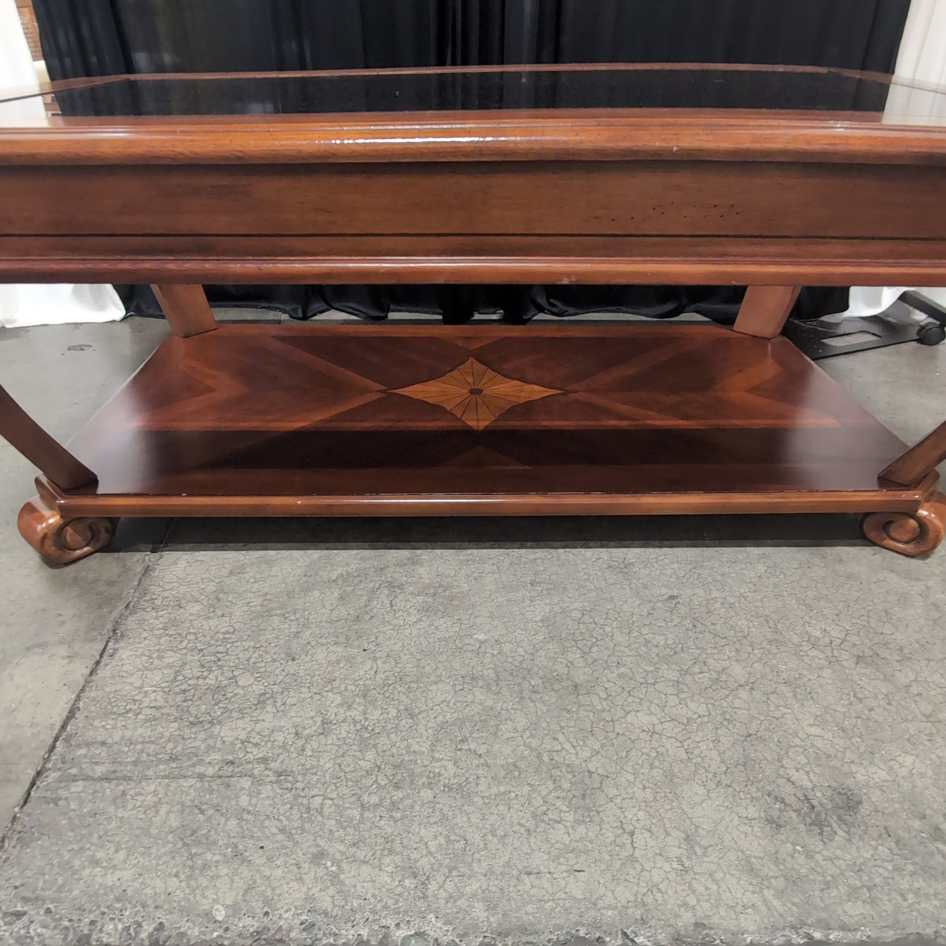 Traditional Reddish-Brown Wood Coffee Table with Glass Top
