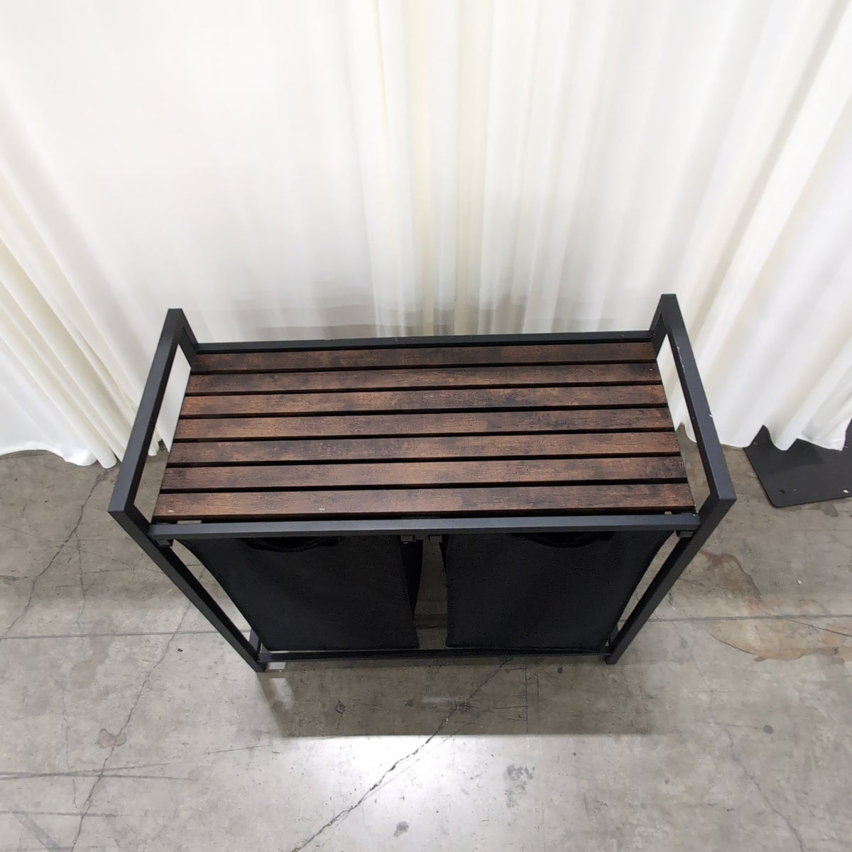 Industrial Black Metal Laundry Hamper with Wood Top