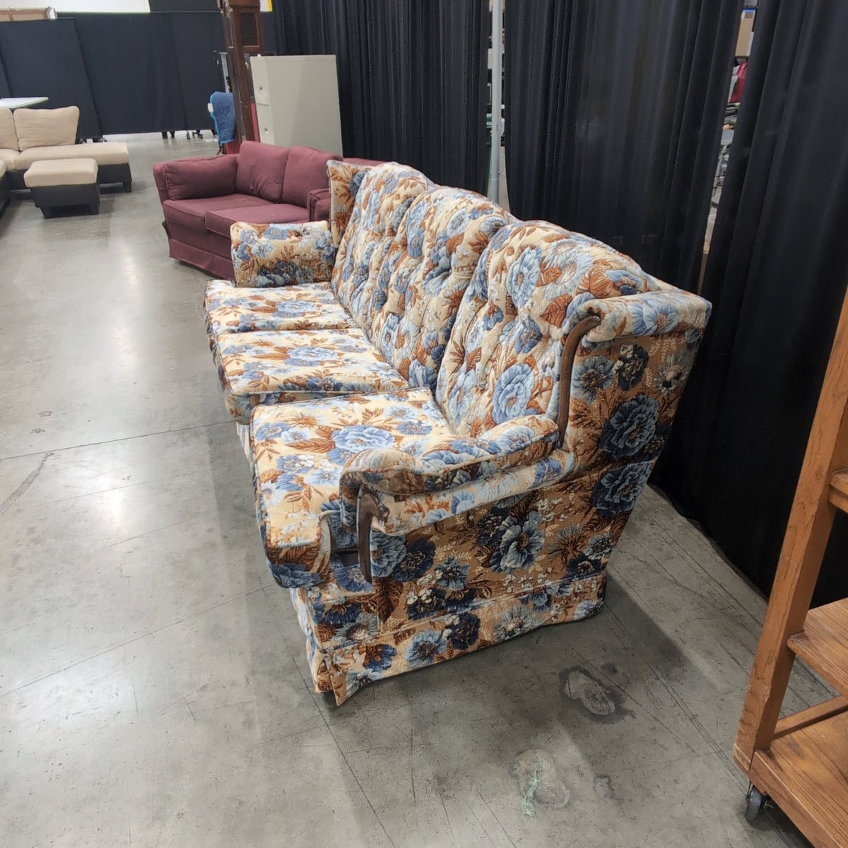 Retro Blue and Orange Floral Three-Seat Couch