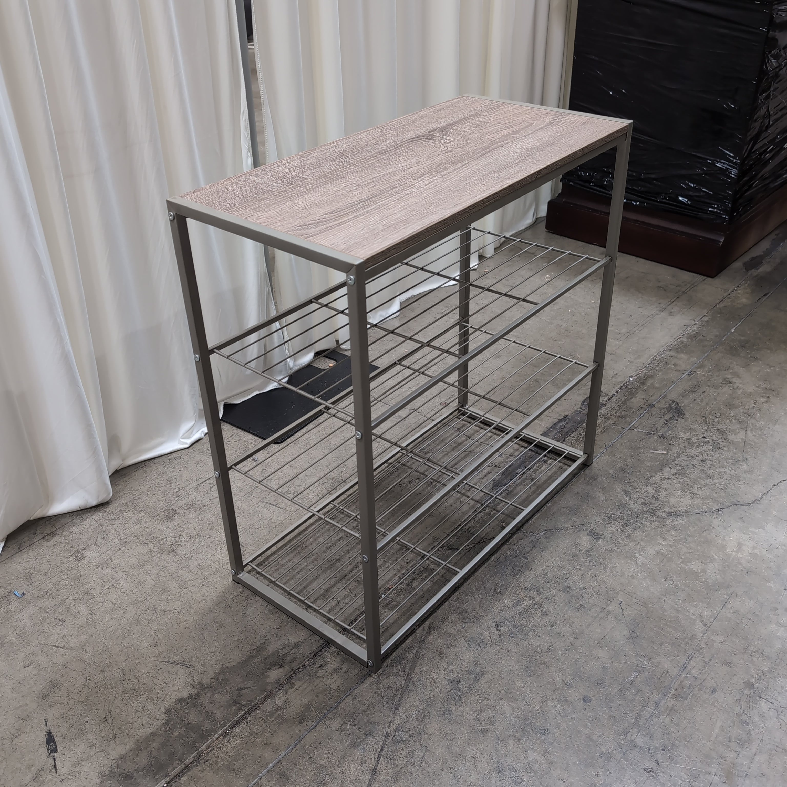 Light Wood Grain Top Shoe Rack with Metal Shelves