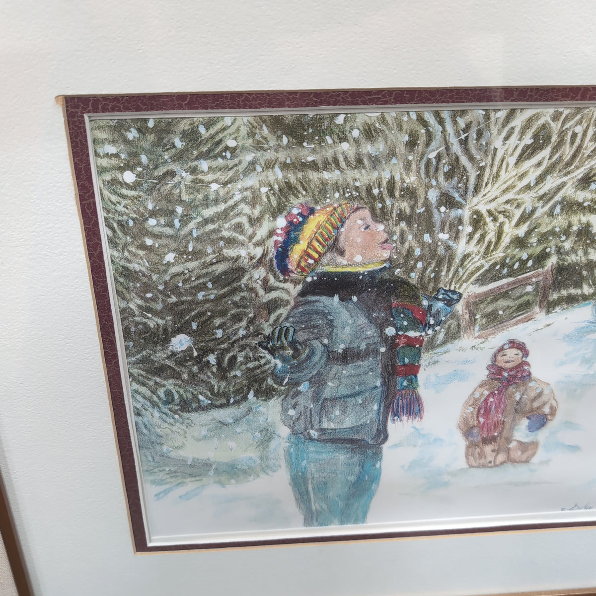 Framed Winter Children Snow Scene Painting