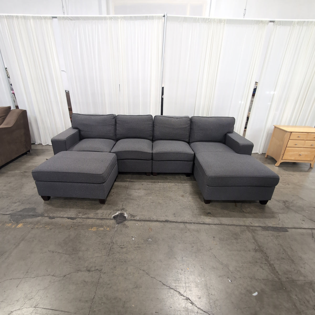 Dark Grey Fabric L-Shaped Sectional Couch with Ottoman