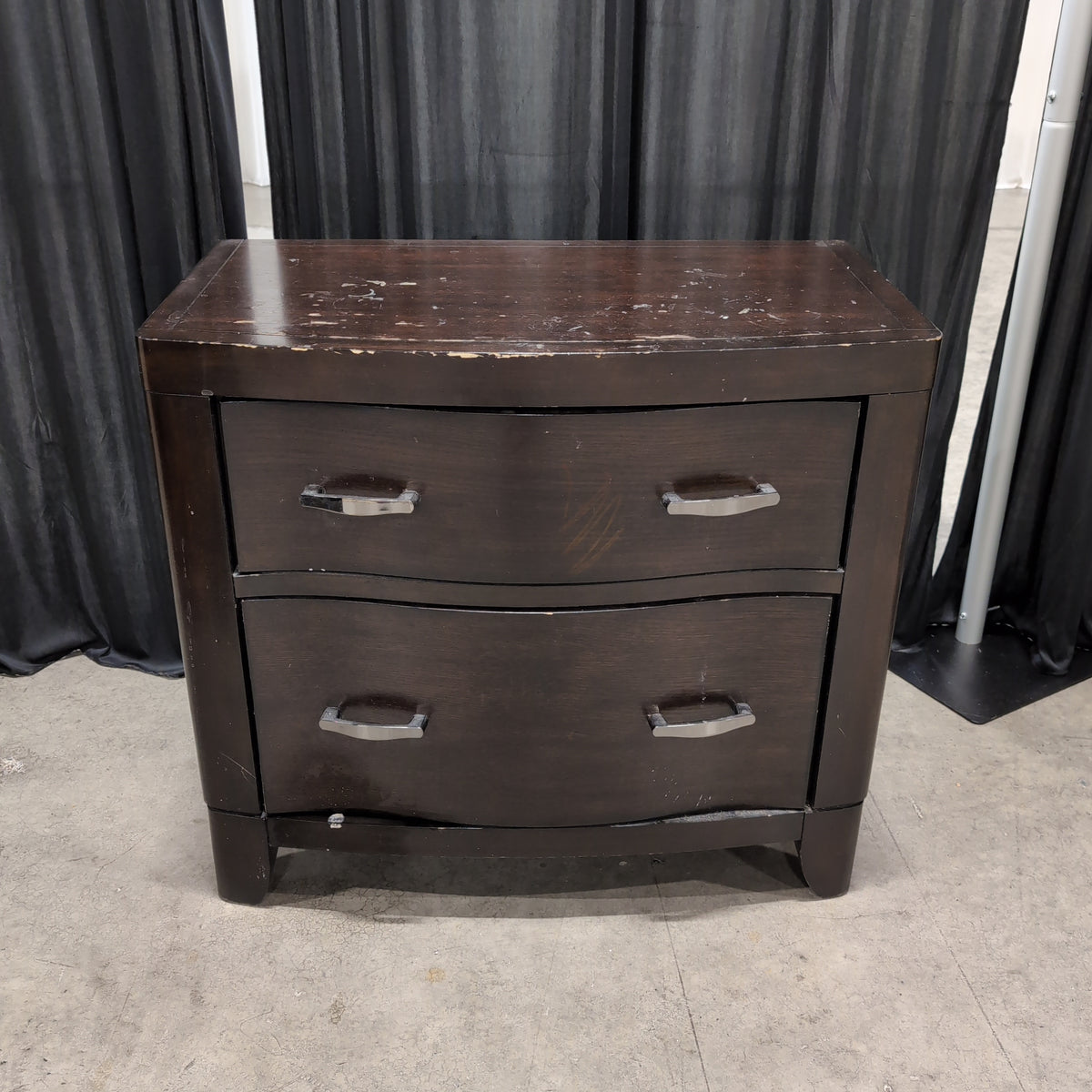 Dark Brown Two-Drawer Nightstand with Curved Fronts