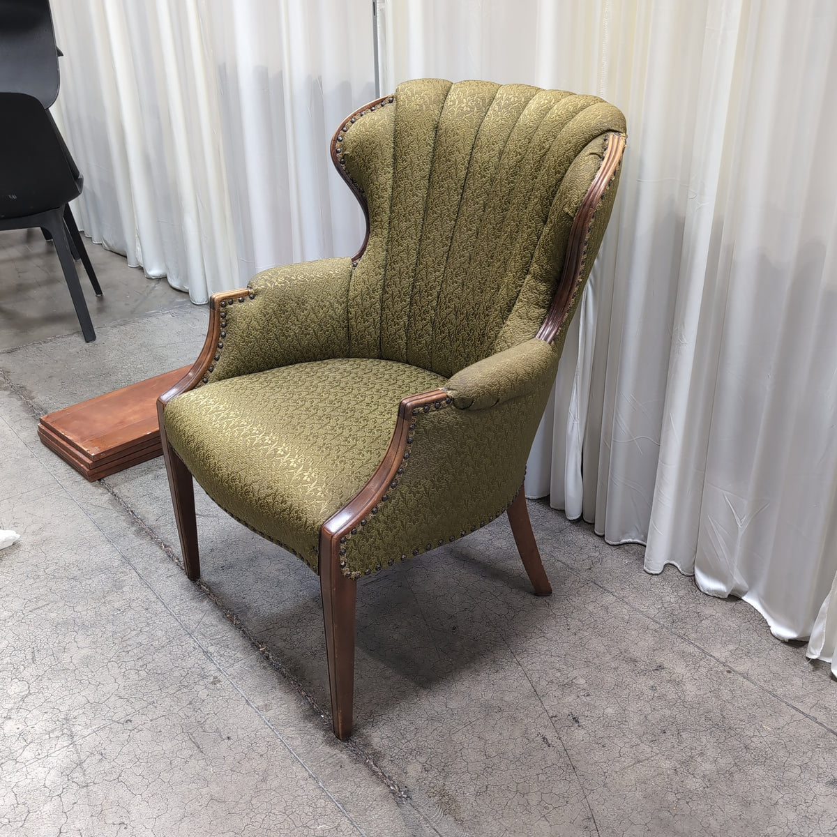 Olive Green Upholstered Fan-Back Armchair with Nailhead Trim