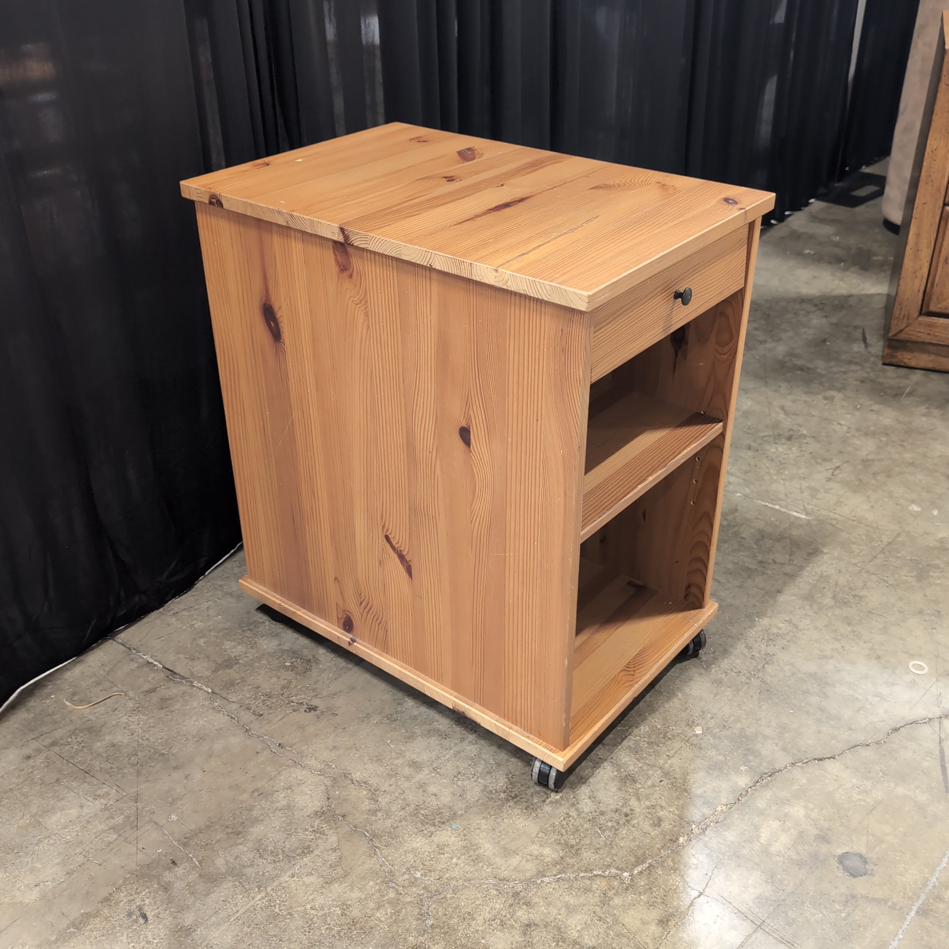 Pine Wood Nightstand with Open Shelves and Casters