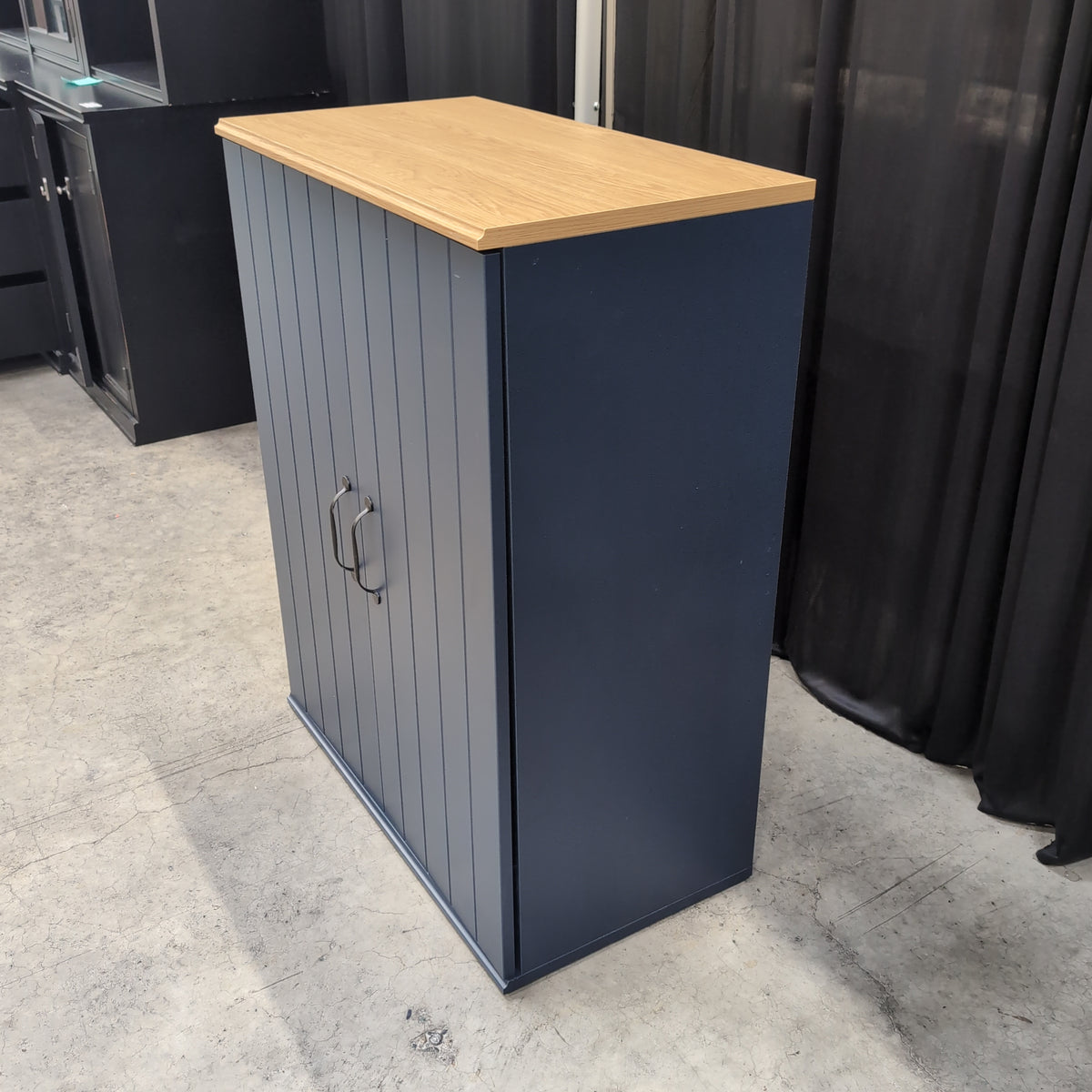 Modern Navy Blue Two-Door cabinet with Wood Top