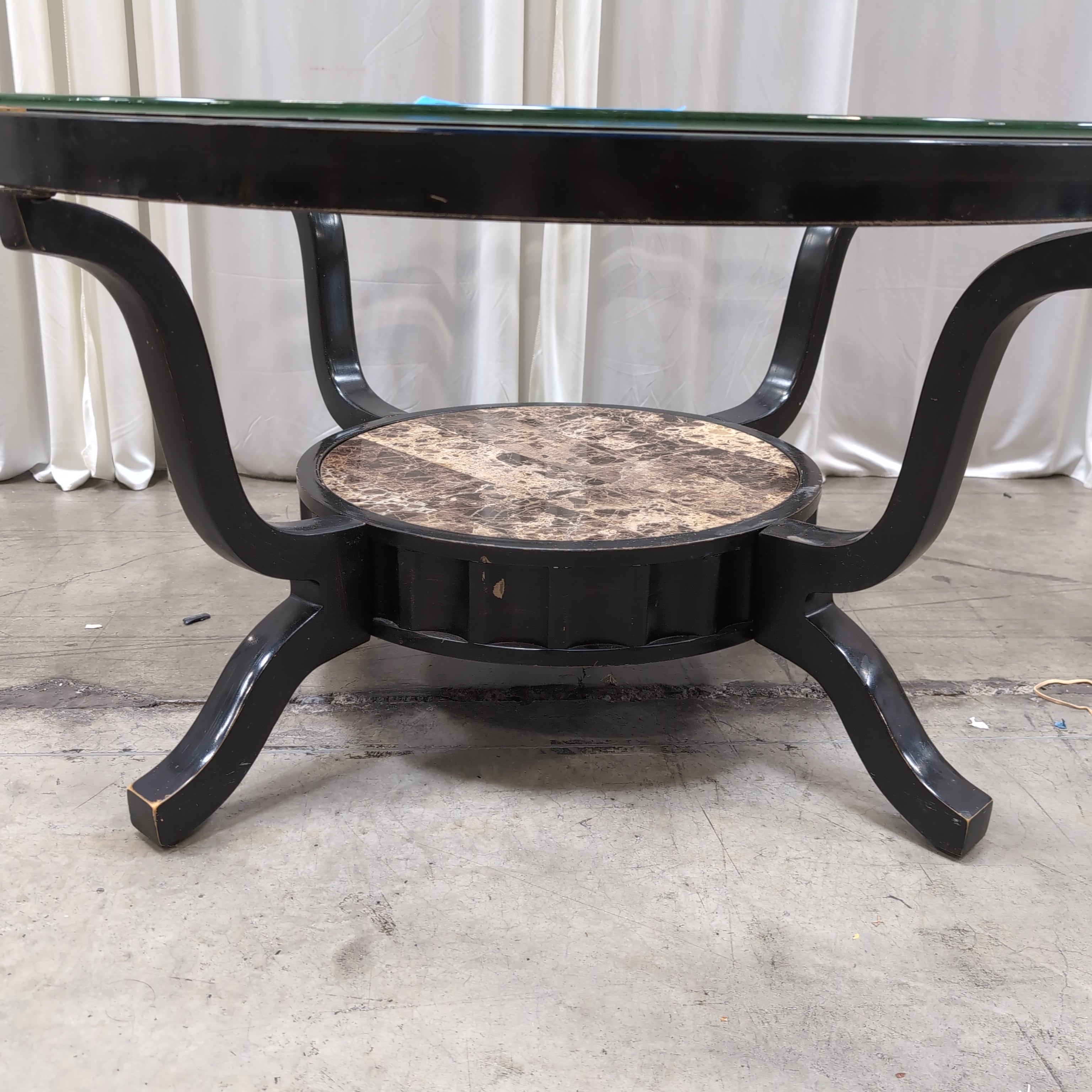 Black Metal Oval Coffee Table in Glass and Faux Marble